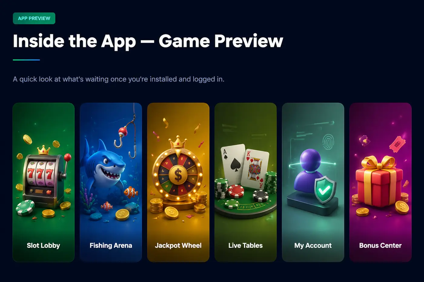 918Kiss app preview showing the Slot Lobby, Fishing Arena, Jackpot Wheel, Live Tables, My Account, and Bonus Center screens